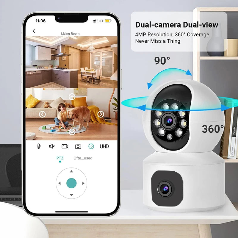 Dual Lens V380 PTZ Indoor Security Camera HD 4MP Night Vision with Two-Way Audio Home Security Baby Monitoring