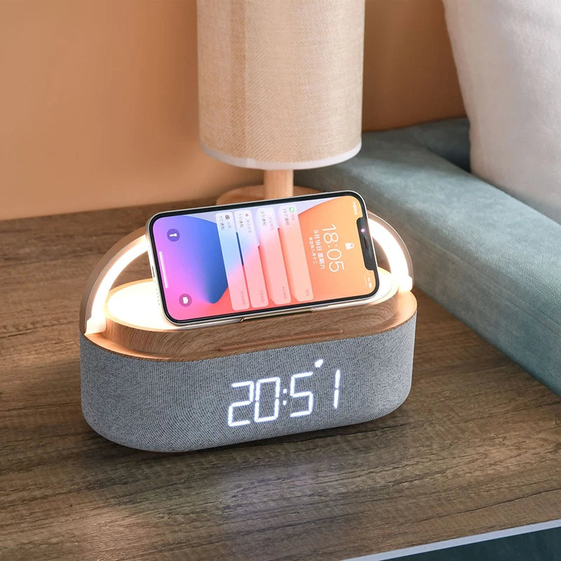 15W Wireless Charger Alarm Clock Bluetooth Speaker LED Smart Digital Clock USB Fast Charger Desktop Clock with Fm Radio
