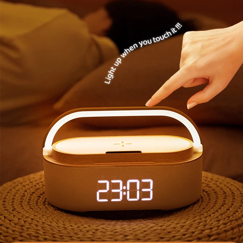 15W Wireless Charger Alarm Clock Bluetooth Speaker LED Smart Digital Clock USB Fast Charger Desktop Clock with Fm Radio