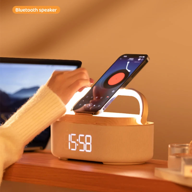 15W Wireless Charger Alarm Clock Bluetooth Speaker LED Smart Digital Clock USB Fast Charger Desktop Clock with Fm Radio