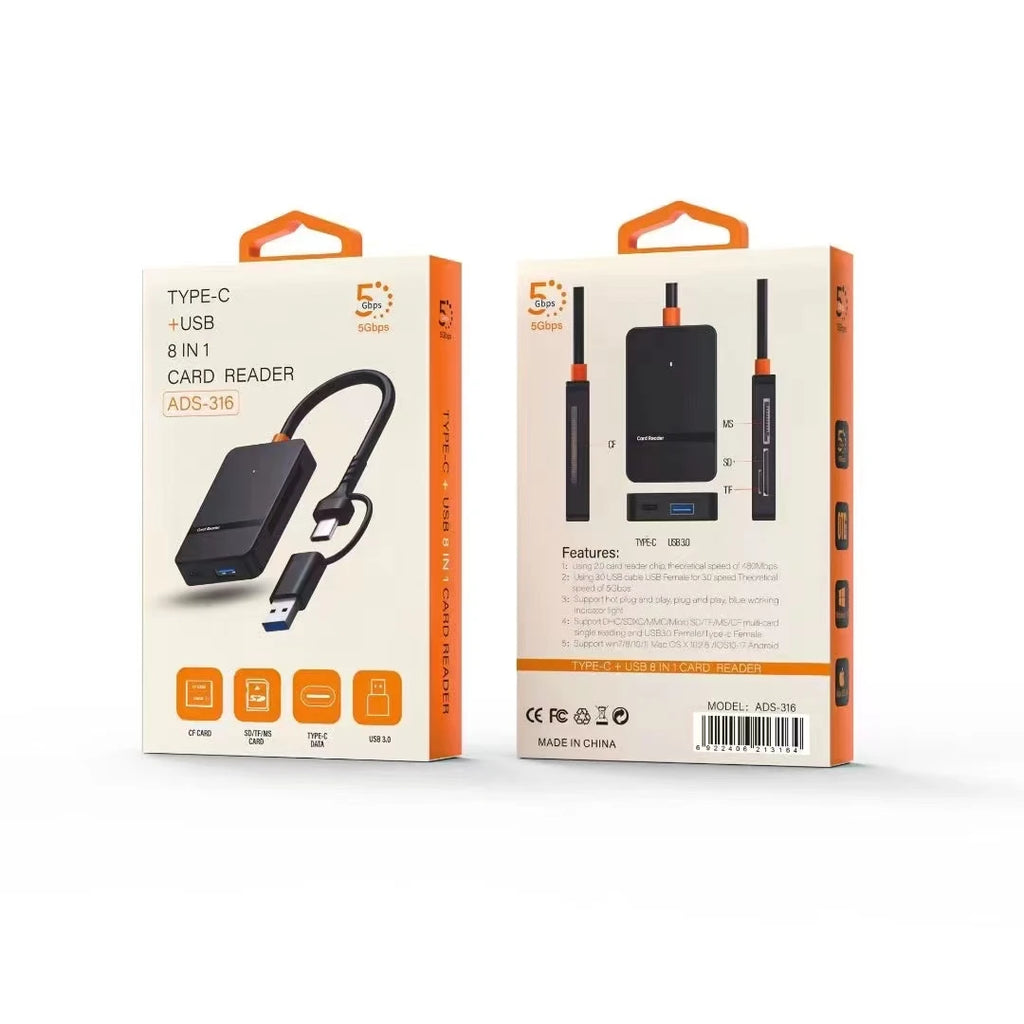 8-in-1 USB 3.0/Type-C Card Reader ABS Material Smart OTG SM Card Mobile Phone Computer Easy External Card Read Black