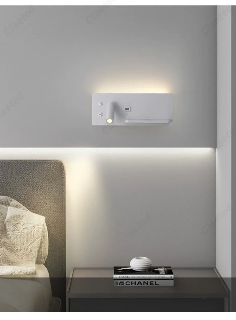 LED Adjustable Angle Warm Light Wall Lamp USB Charging Interface Wireless Charging Bedroom Bedside Reading Light Home Lighting