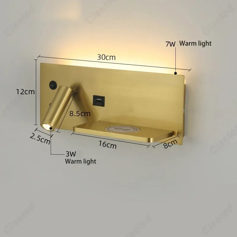 LED Adjustable Angle Warm Light Wall Lamp USB Charging Interface Wireless Charging Bedroom Bedside Reading Light Home Lighting