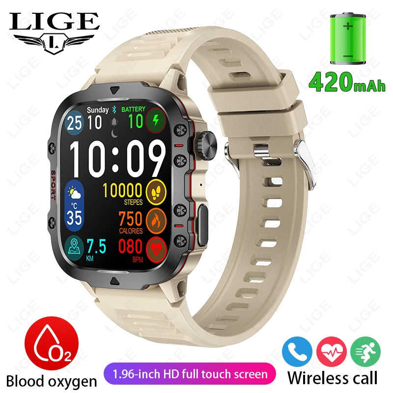 LIGE New Military Smart Watch Men Outdoor Sports 3ATM Waterproof  Blood Oxygen Bluetooth Call Watches Men Smartwatch For Android