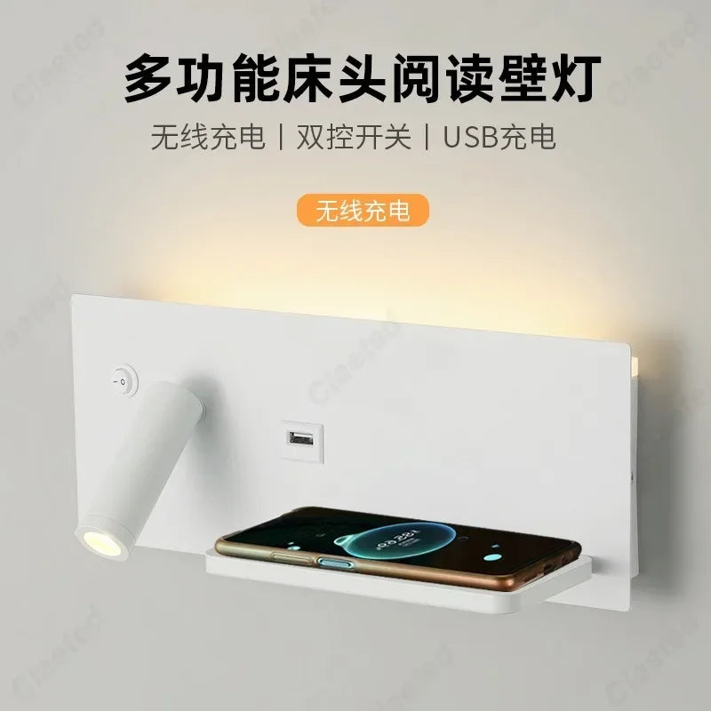 LED Adjustable Angle Warm Light Wall Lamp USB Charging Interface Wireless Charging Bedroom Bedside Reading Light Home Lighting