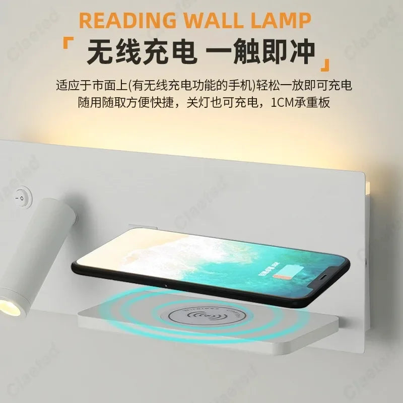 LED Adjustable Angle Warm Light Wall Lamp USB Charging Interface Wireless Charging Bedroom Bedside Reading Light Home Lighting