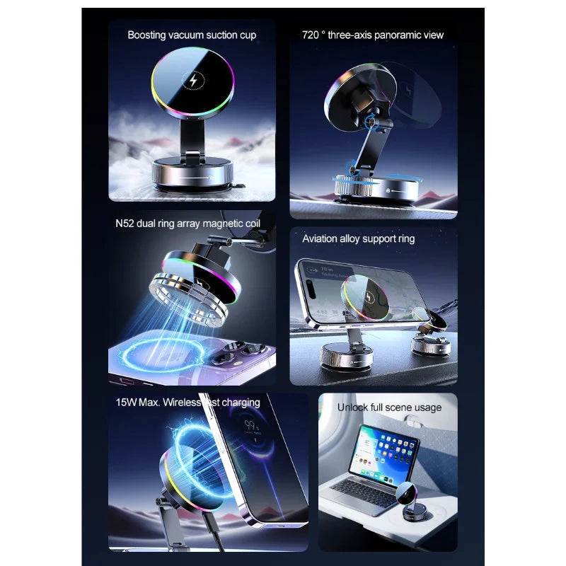 15W Vacuum Suction Cooling Magnetic Wireless Charger Car Phone Holder Mount 360 Rotatable Compatible with Smartphones for iPhone
