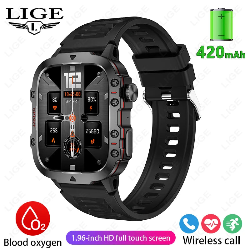 LIGE New Military Smart Watch Men Outdoor Sports 3ATM Waterproof  Blood Oxygen Bluetooth Call Watches Men Smartwatch For Android