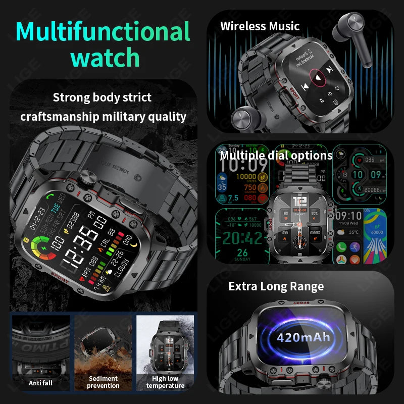 LIGE New Military Smart Watch Men Outdoor Sports 3ATM Waterproof  Blood Oxygen Bluetooth Call Watches Men Smartwatch For Android