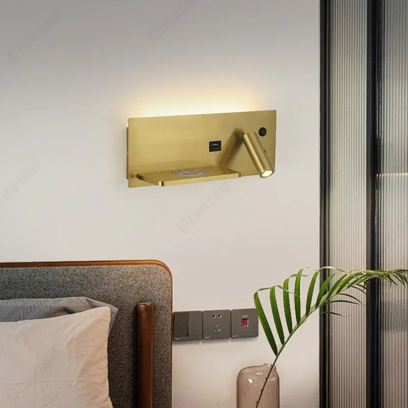 LED Adjustable Angle Warm Light Wall Lamp USB Charging Interface Wireless Charging Bedroom Bedside Reading Light Home Lighting