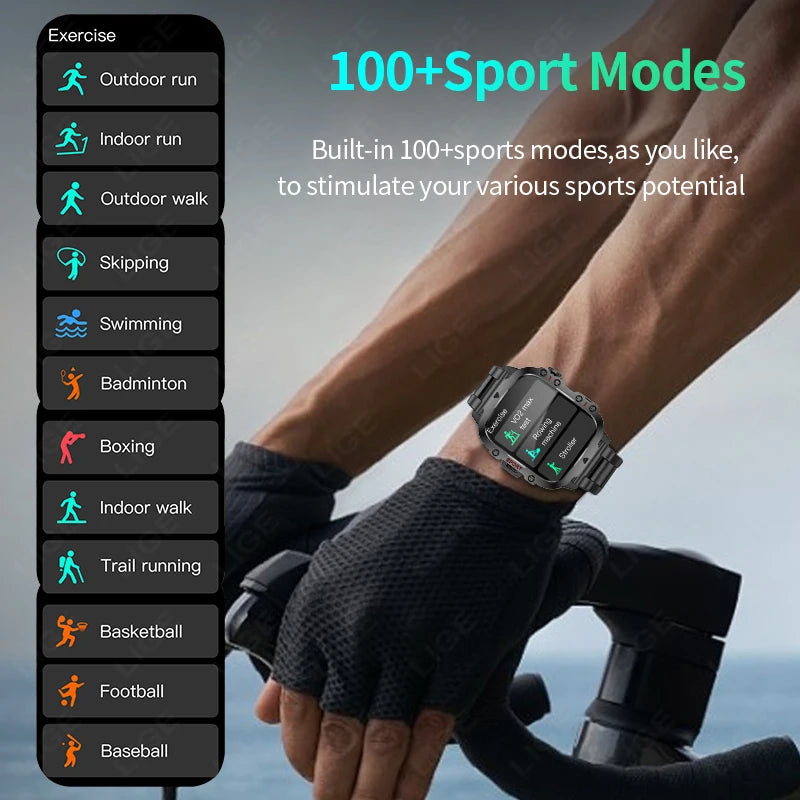 LIGE New Military Smart Watch Men Outdoor Sports 3ATM Waterproof  Blood Oxygen Bluetooth Call Watches Men Smartwatch For Android