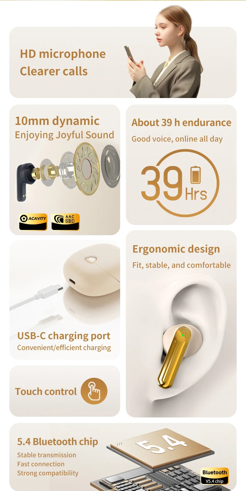 Aigo TA51 True Wireless Earbuds Bluetooth 5.4 Earphones Sports Gaming Headphone Waterproof HD Call ANC 300mah Battery Headset