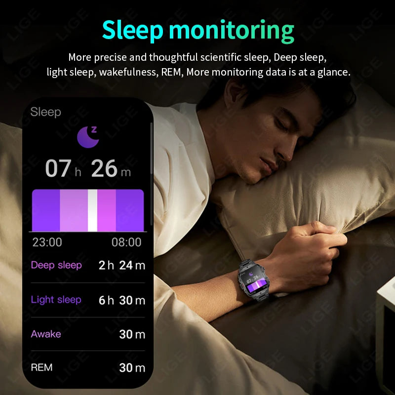 LIGE New Military Smart Watch Men Outdoor Sports 3ATM Waterproof  Blood Oxygen Bluetooth Call Watches Men Smartwatch For Android