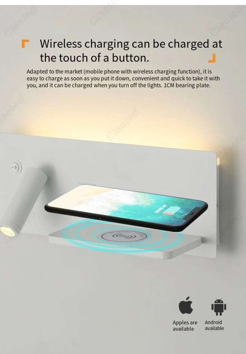 LED Adjustable Angle Warm Light Wall Lamp USB Charging Interface Wireless Charging Bedroom Bedside Reading Light Home Lighting