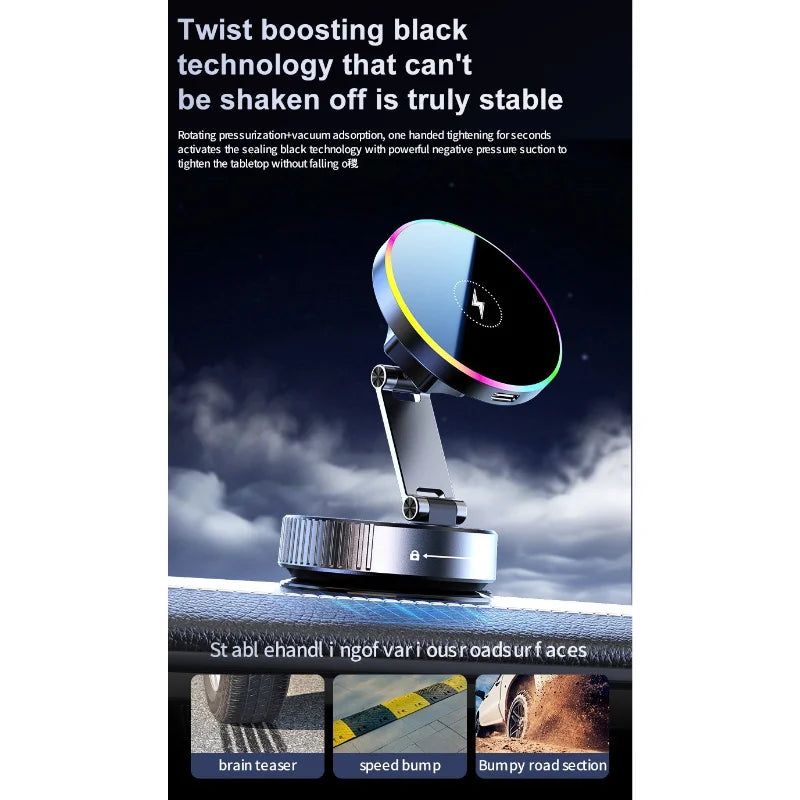 15W Vacuum Suction Cooling Magnetic Wireless Charger Car Phone Holder Mount 360 Rotatable Compatible with Smartphones for iPhone