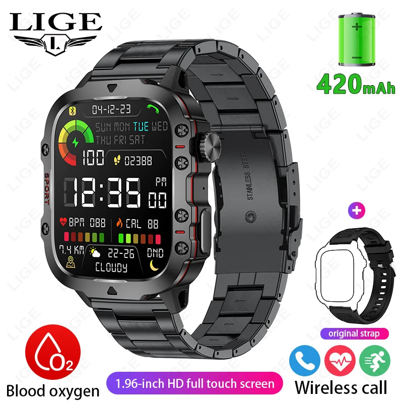 LIGE New Military Smart Watch Men Outdoor Sports 3ATM Waterproof  Blood Oxygen Bluetooth Call Watches Men Smartwatch For Android