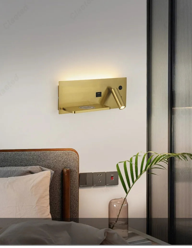 LED Adjustable Angle Warm Light Wall Lamp USB Charging Interface Wireless Charging Bedroom Bedside Reading Light Home Lighting