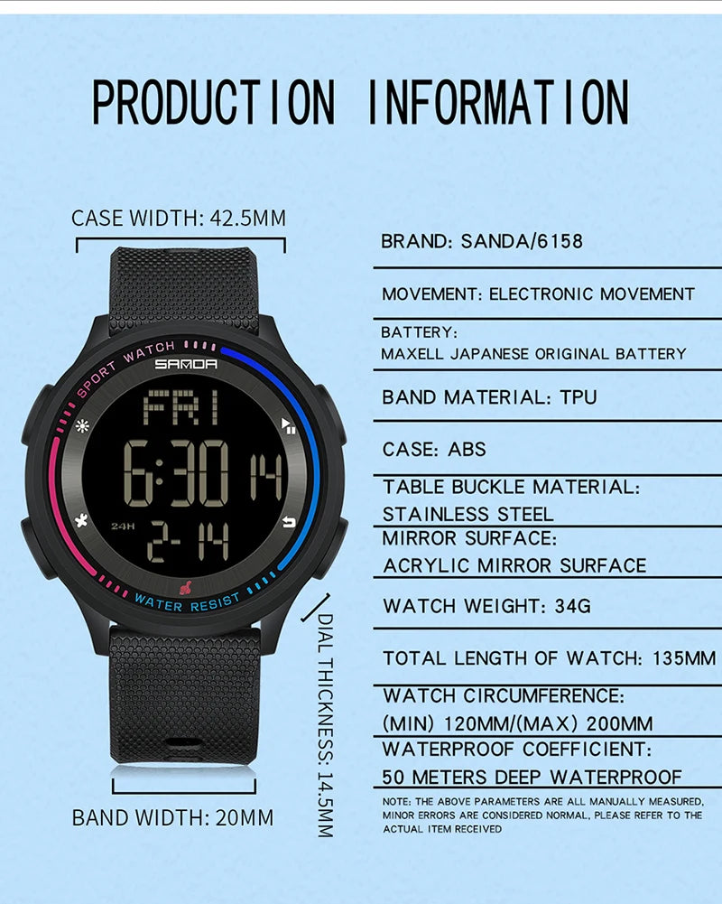 Men's Electronic Watch Large Number Reading time Display Clock Outdoor Sports Stopwatch 50m Waterproof Watch Boys Girls Watches