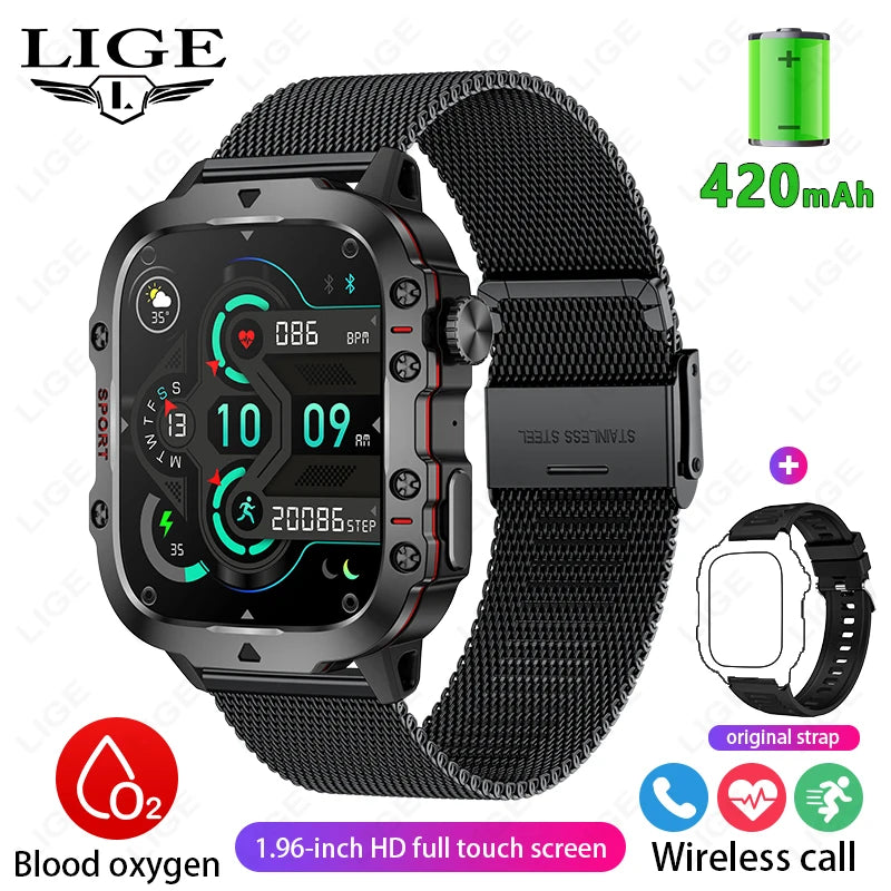 LIGE New Military Smart Watch Men Outdoor Sports 3ATM Waterproof  Blood Oxygen Bluetooth Call Watches Men Smartwatch For Android