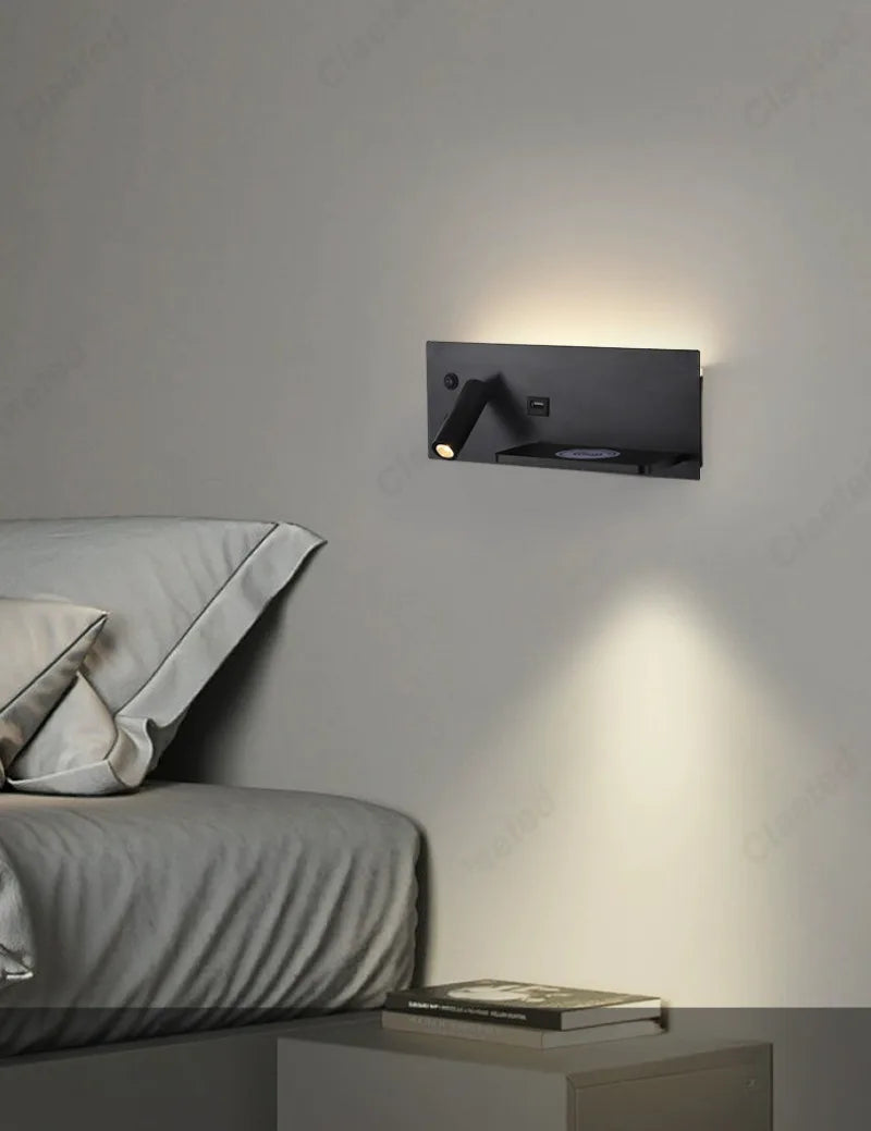 LED Adjustable Angle Warm Light Wall Lamp USB Charging Interface Wireless Charging Bedroom Bedside Reading Light Home Lighting