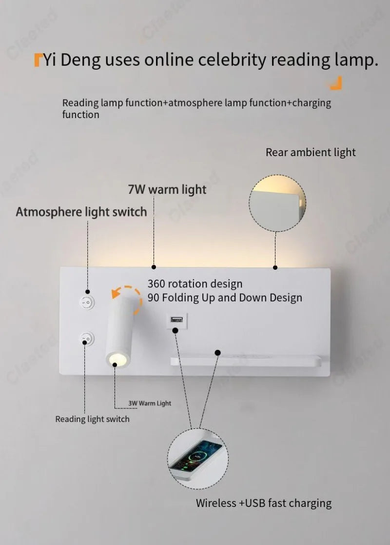 LED Adjustable Angle Warm Light Wall Lamp USB Charging Interface Wireless Charging Bedroom Bedside Reading Light Home Lighting