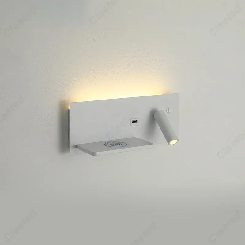 LED Adjustable Angle Warm Light Wall Lamp USB Charging Interface Wireless Charging Bedroom Bedside Reading Light Home Lighting