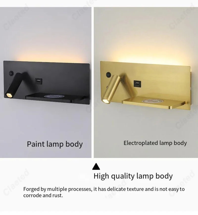 LED Adjustable Angle Warm Light Wall Lamp USB Charging Interface Wireless Charging Bedroom Bedside Reading Light Home Lighting