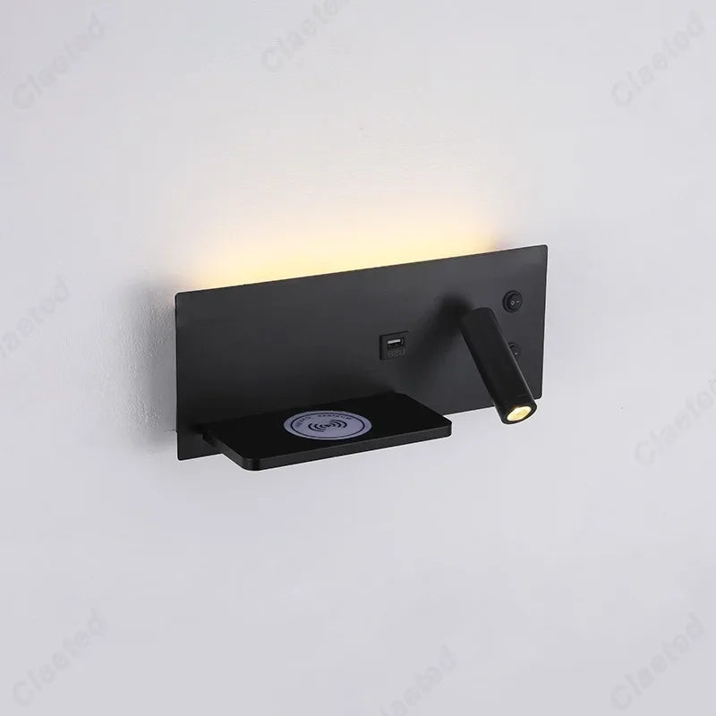 LED Adjustable Angle Warm Light Wall Lamp USB Charging Interface Wireless Charging Bedroom Bedside Reading Light Home Lighting