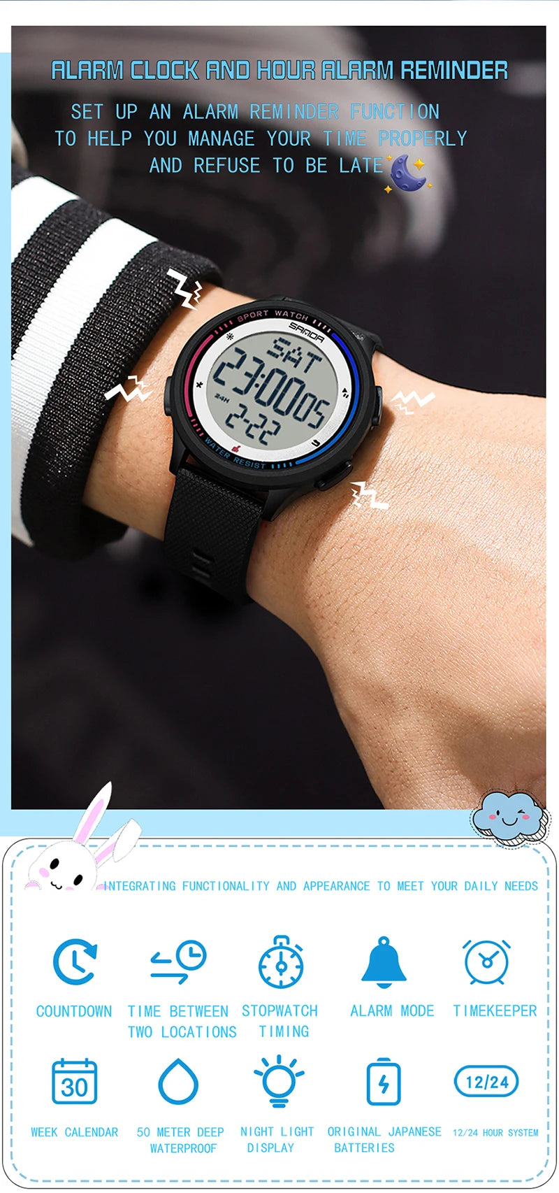 Men's Electronic Watch Large Number Reading time Display Clock Outdoor Sports Stopwatch 50m Waterproof Watch Boys Girls Watches