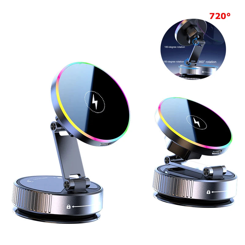 15W Vacuum Suction Cooling Magnetic Wireless Charger Car Phone Holder Mount 360 Rotatable Compatible with Smartphones for iPhone