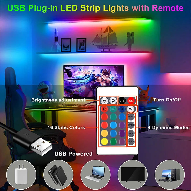 RGB LED Strip Light 24Key Remote Control Flexible Lamp Tape 2835 SMD Diode Ribbon TV Backlight For Home Christmas Party Decor