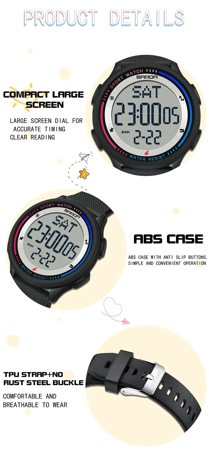 Men's Electronic Watch Large Number Reading time Display Clock Outdoor Sports Stopwatch 50m Waterproof Watch Boys Girls Watches