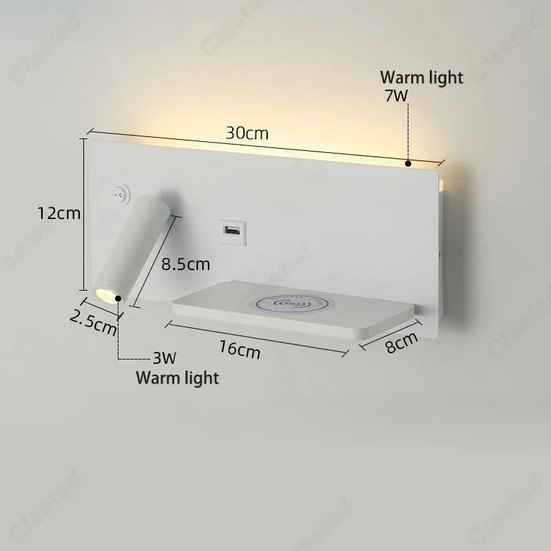 LED Adjustable Angle Warm Light Wall Lamp USB Charging Interface Wireless Charging Bedroom Bedside Reading Light Home Lighting