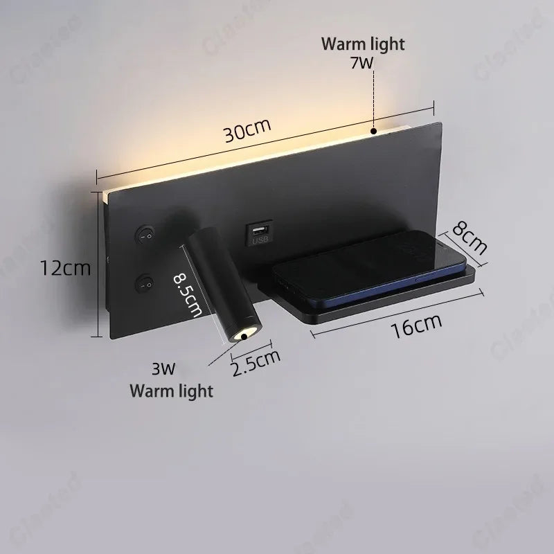 LED Adjustable Angle Warm Light Wall Lamp USB Charging Interface Wireless Charging Bedroom Bedside Reading Light Home Lighting