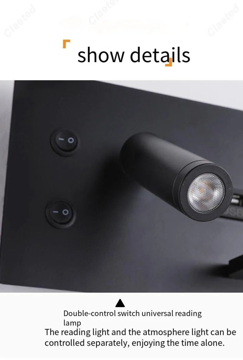 LED Adjustable Angle Warm Light Wall Lamp USB Charging Interface Wireless Charging Bedroom Bedside Reading Light Home Lighting